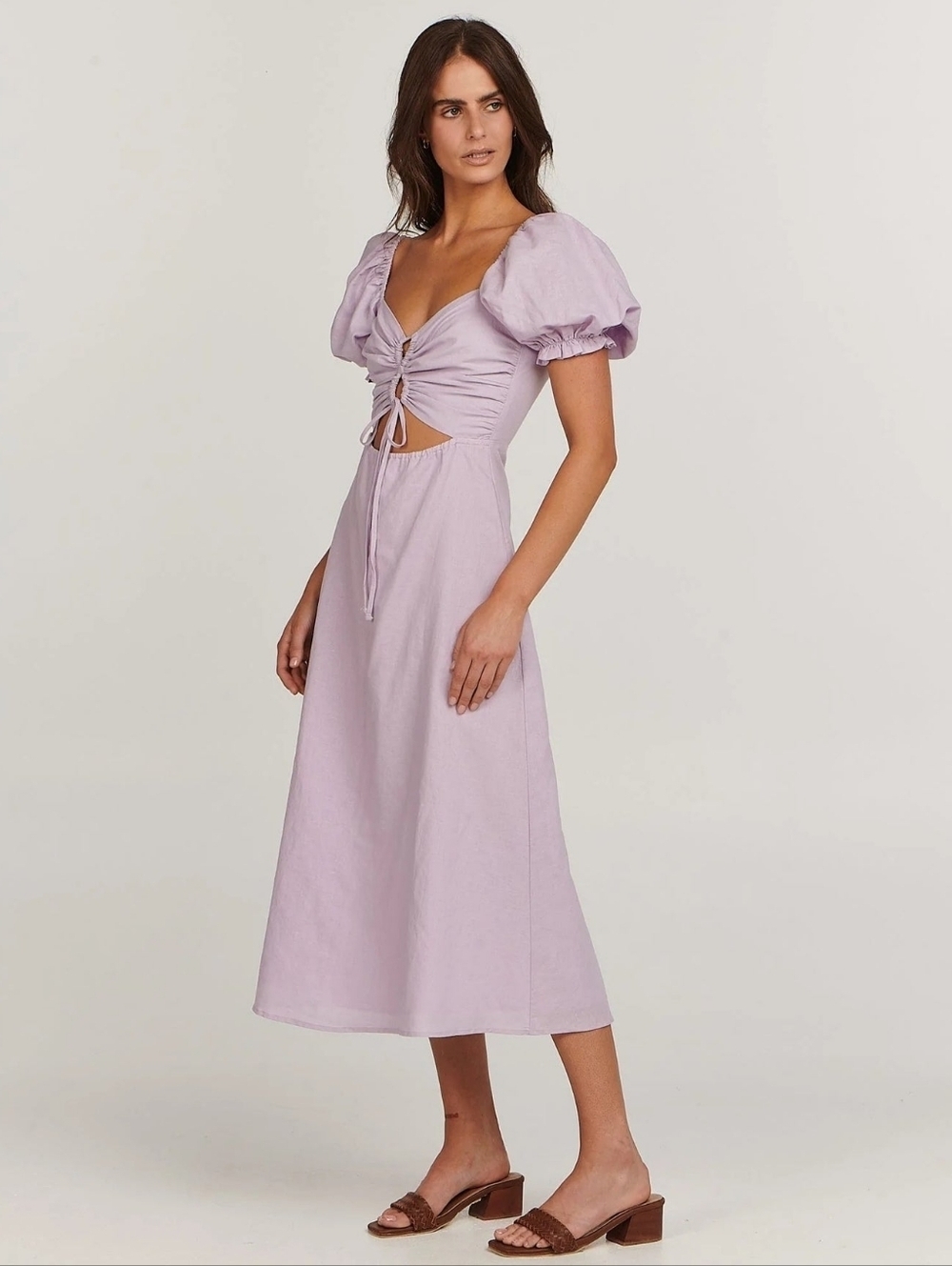 Charlie Holiday Healey Linen Lilac Puff-Sleeve Midi Dress w/ Front Tie Cutout SZ